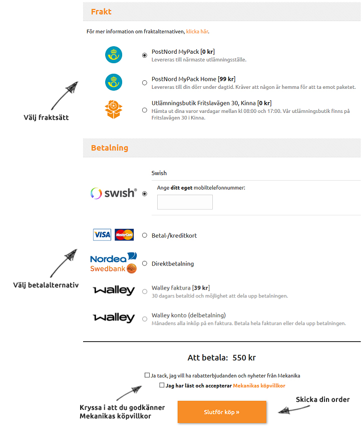 Att välja fraktsätt, betalalternativ och skicka order